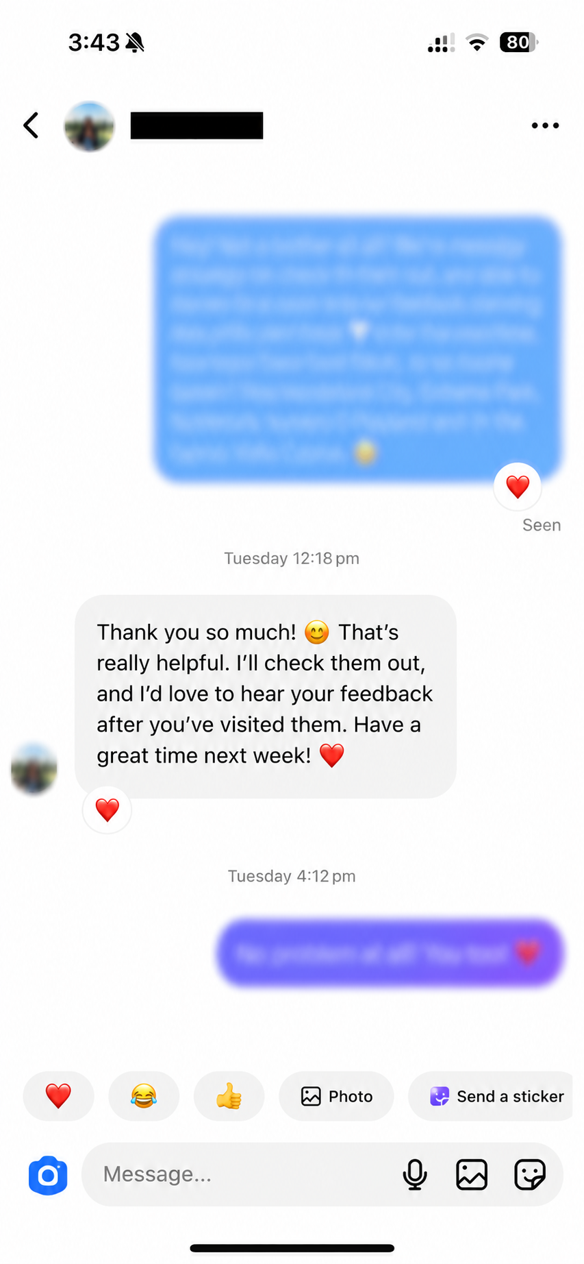 Message from a parent about visiting places Bess recommended