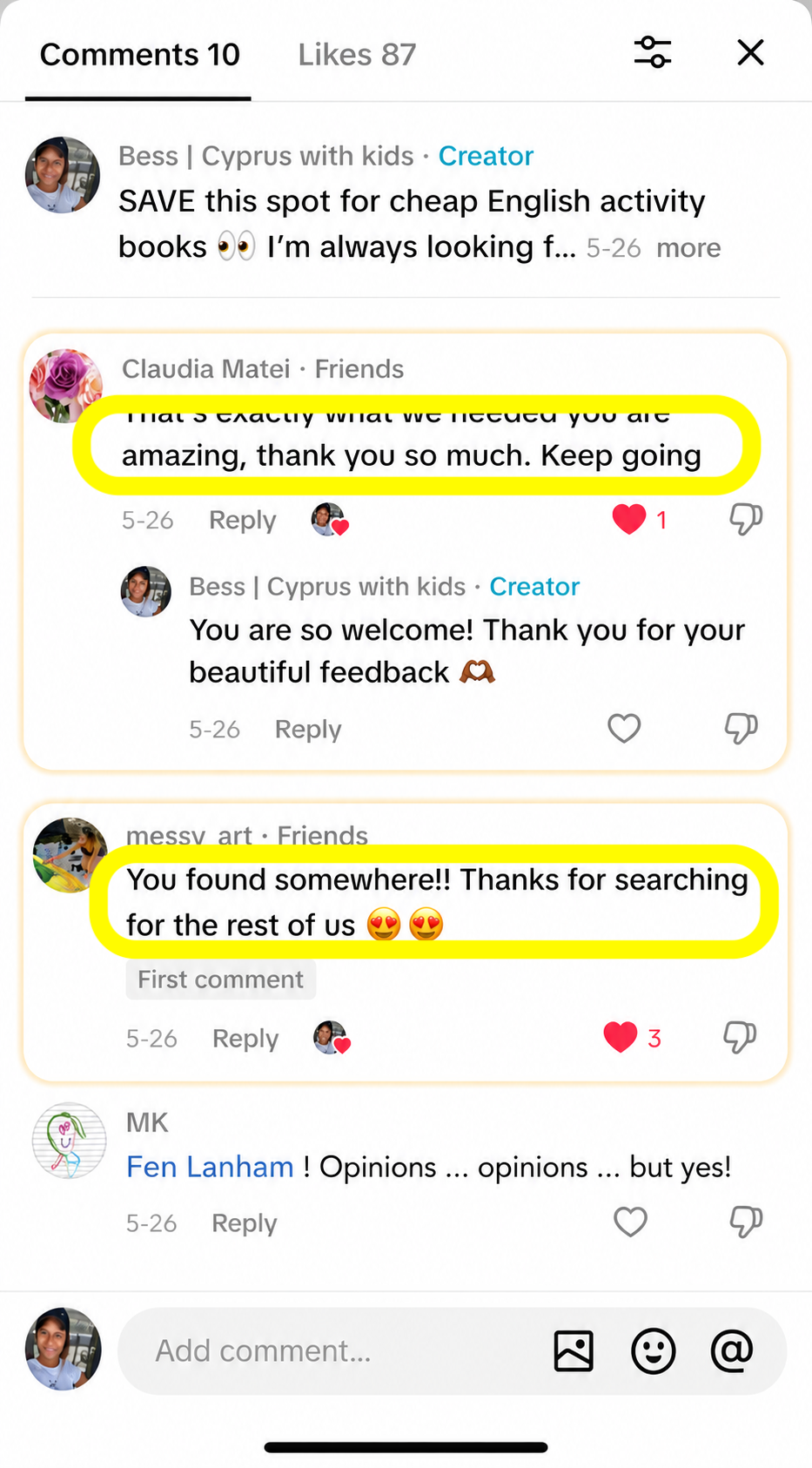 Comments from parents on Bess's TikTok